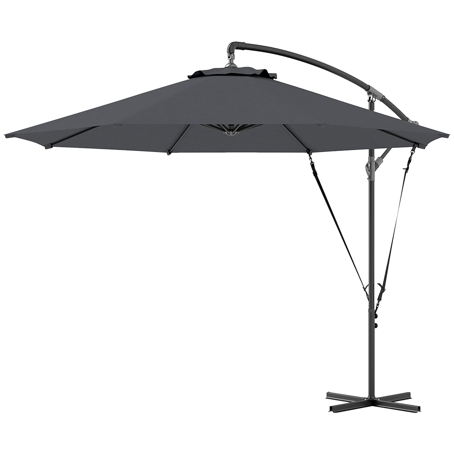 9.5' Cantilever Umbrella with Wind Protection Strap and Cover, Hanging Umbrella with Crank and Cross Base, UPF 50+, Grey