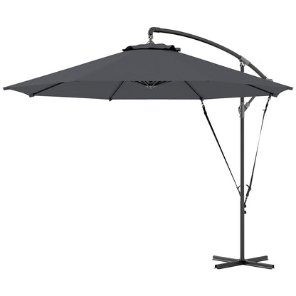9.5' Cantilever Umbrella with Wind Protection Strap and Cover, Hanging Umbrella with Crank and Cross Base, UPF 50+, Grey