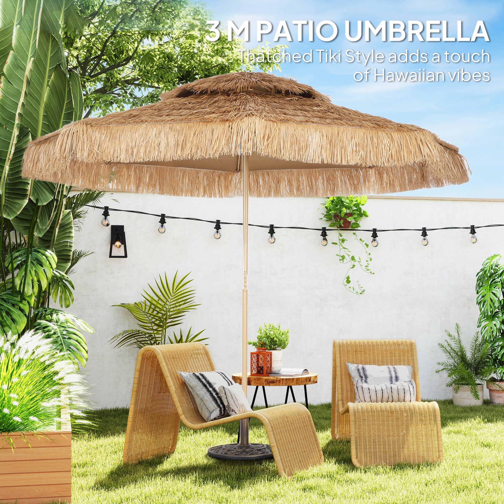 10 ft. Hula Thatched Tiki Patio Outdoor Umbrella with 8 Ribs, UPF30+, for Garden, Backyard, Deck, Pool, Natural