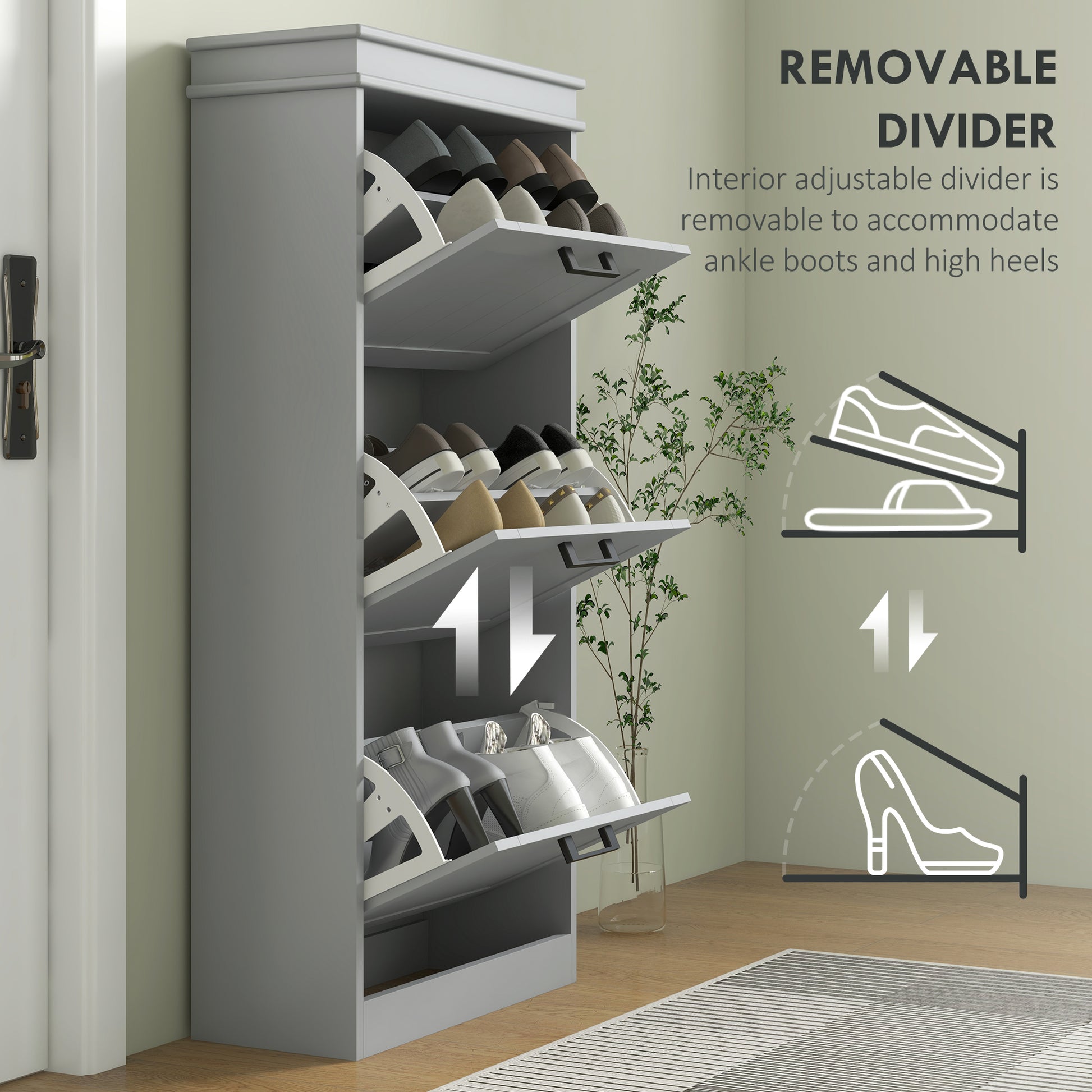 Slim Shoe Cabinet with 3 Flip Drawers and Adjustable Shelves, Narrow Shoe Cabinet for 15 Pairs of Shoes, Grey