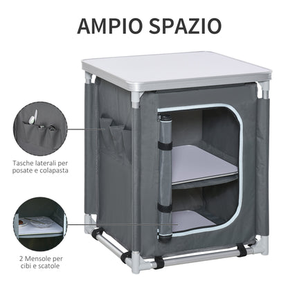 Camping Kitchen Station, Aluminum Camping Table Cook Cupboard with 2-Shelf and Carrying Bag for BBQ Party Picnics, Grey