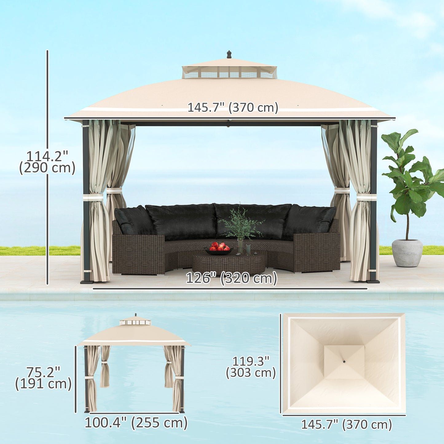 10' x 12' Outdoor Gazebo, Double Roof Patio Gazebo Canopy with Netting and Curtains for Garden, Lawn, Backyard, Deck