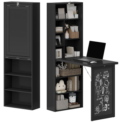 Fold-out Convertible Office Desk, Wall Mount Computer Desk with Blackboard and Side Shelf, Black
