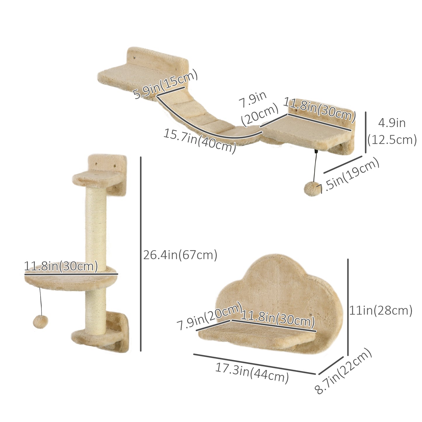 3 PCs Cat Wall Climber with Scratching Post, Ladder, Perches, Cloud-Shaped Cat Shelves, Beige