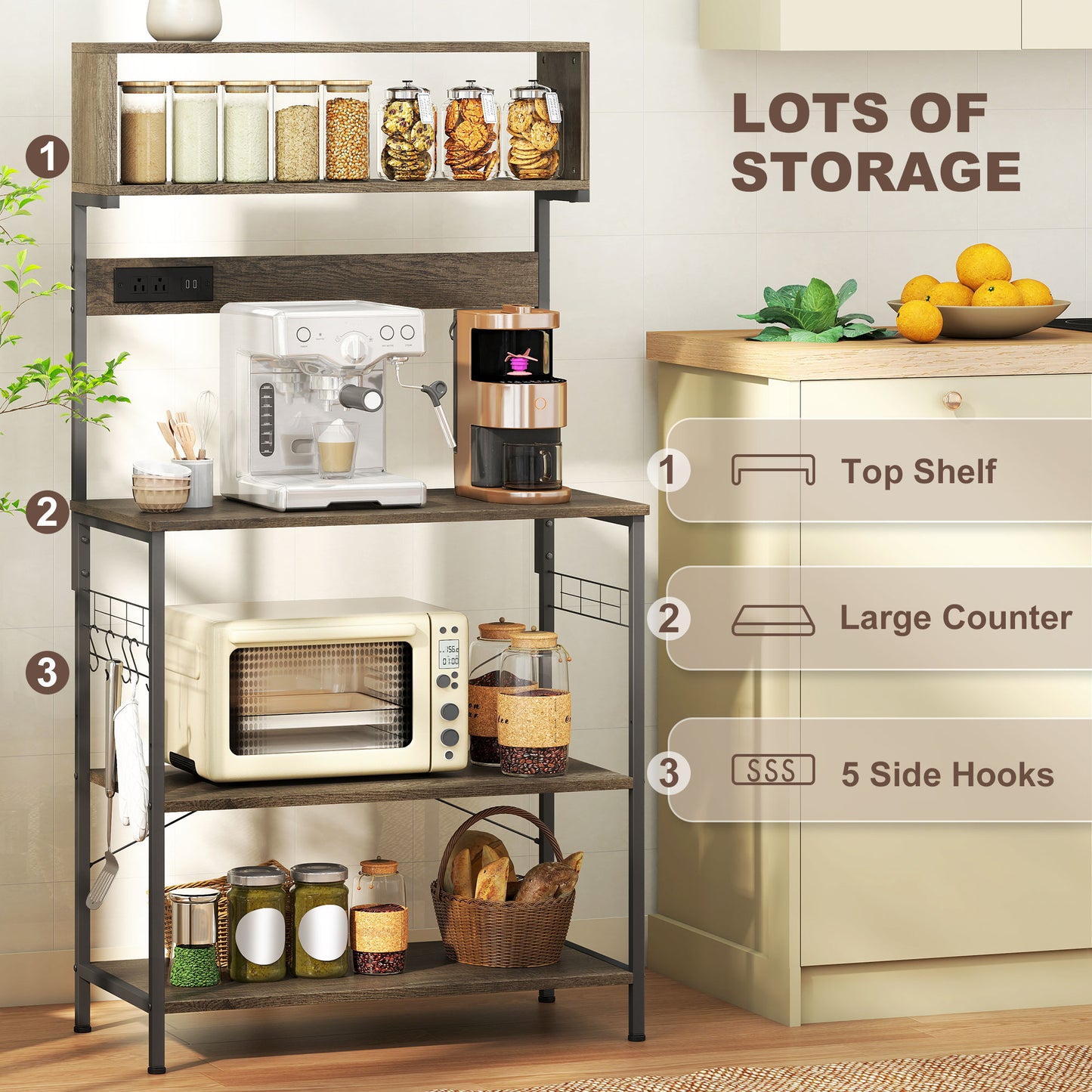 Baker's Rack with Charing Station, Microwave Shelf with Power Outlet, USB Charger and 5 Hooks, Distressed Grey