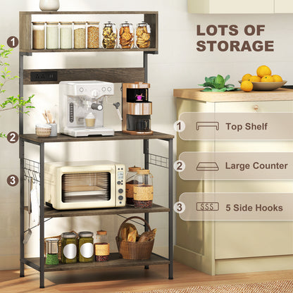 Baker's Rack with Charing Station, Microwave Shelf with Power Outlet, USB Charger and 5 Hooks, Distressed Grey