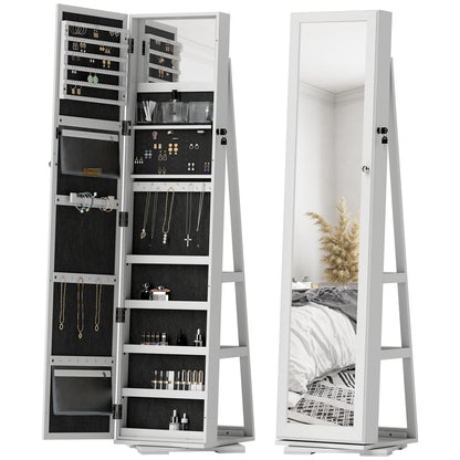 360° Swivel Jewelry Armoire, Lockable Mirror Jewelry Cabinet with Built-In Small Mirror, White