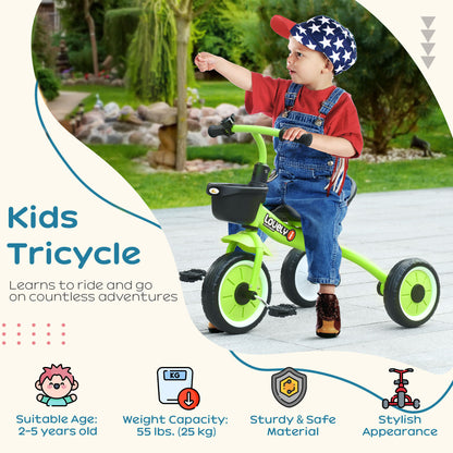 Qaba Tricycle for Toddler 2-5 Year Old Girls and Boys, Toddler Bike with Adjustable Seat, Basket, Bell, Green
