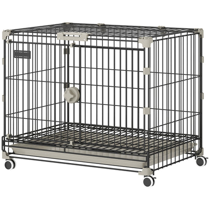 Dog Crate, 24 Inch Metal Dog Cage with Removable Tray, Lockable Wheels, 2 Doors for Small Medium Breeds, Black