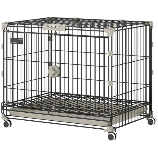 Dog Crate, 24 Inch Metal Dog Cage with Removable Tray, Lockable Wheels, 2 Doors for Small Medium Breeds, Black