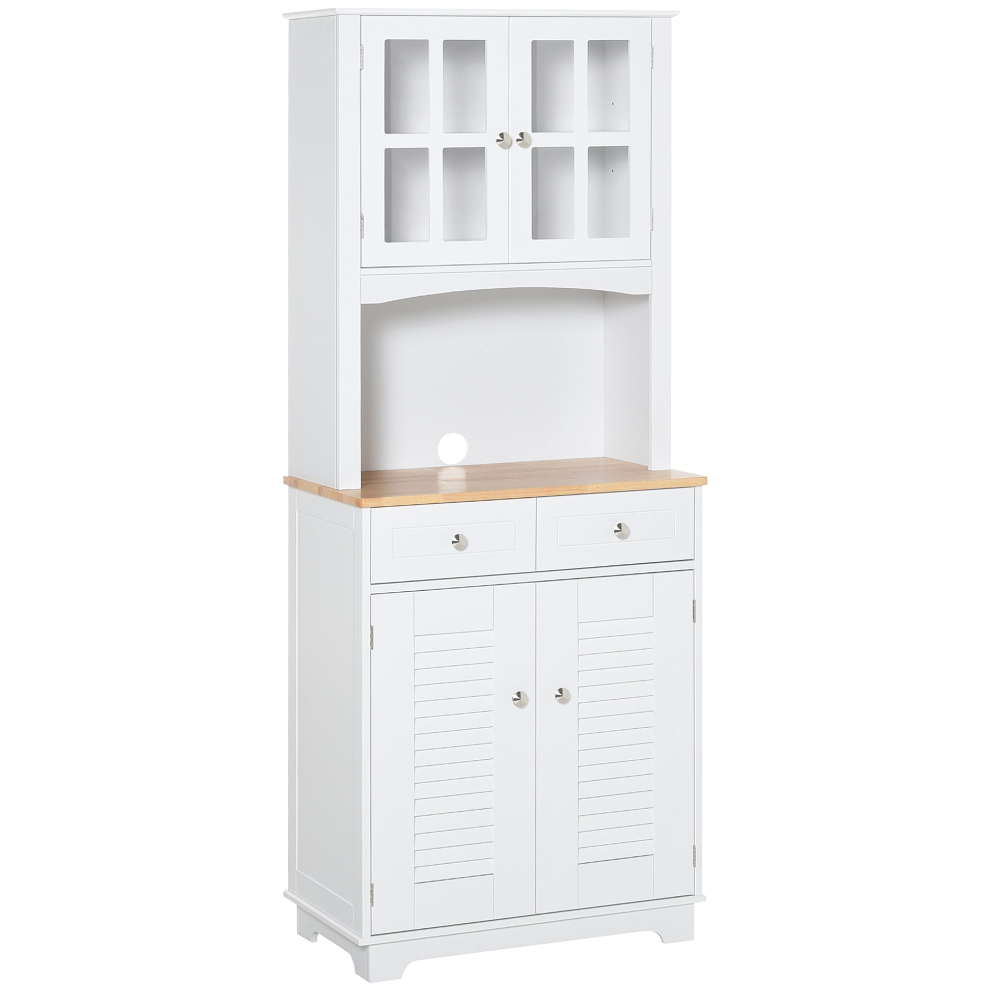Coastal Style Kitchen Buffet and Hutch Wooden Storage Cupboard with Framed Glass Door LouveredCabinet Drawers Microwave Space for Dining Room Living Room White