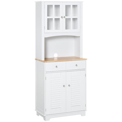 Coastal Style Kitchen Buffet and Hutch Wooden Storage Cupboard with Framed Glass Door LouveredCabinet Drawers Microwave Space for Dining Room Living Room White