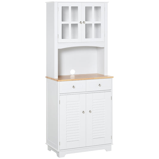 Coastal Style Kitchen Buffet and Hutch Wooden Storage Cupboard with Framed Glass Door LouveredCabinet Drawers Microwave Space for Dining Room Living Room White