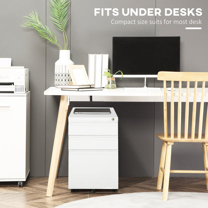 3 Drawer Filing Cabinet, Lockable Office Storage Cabinet on Wheels for Legal, Letter, A4 Files, White