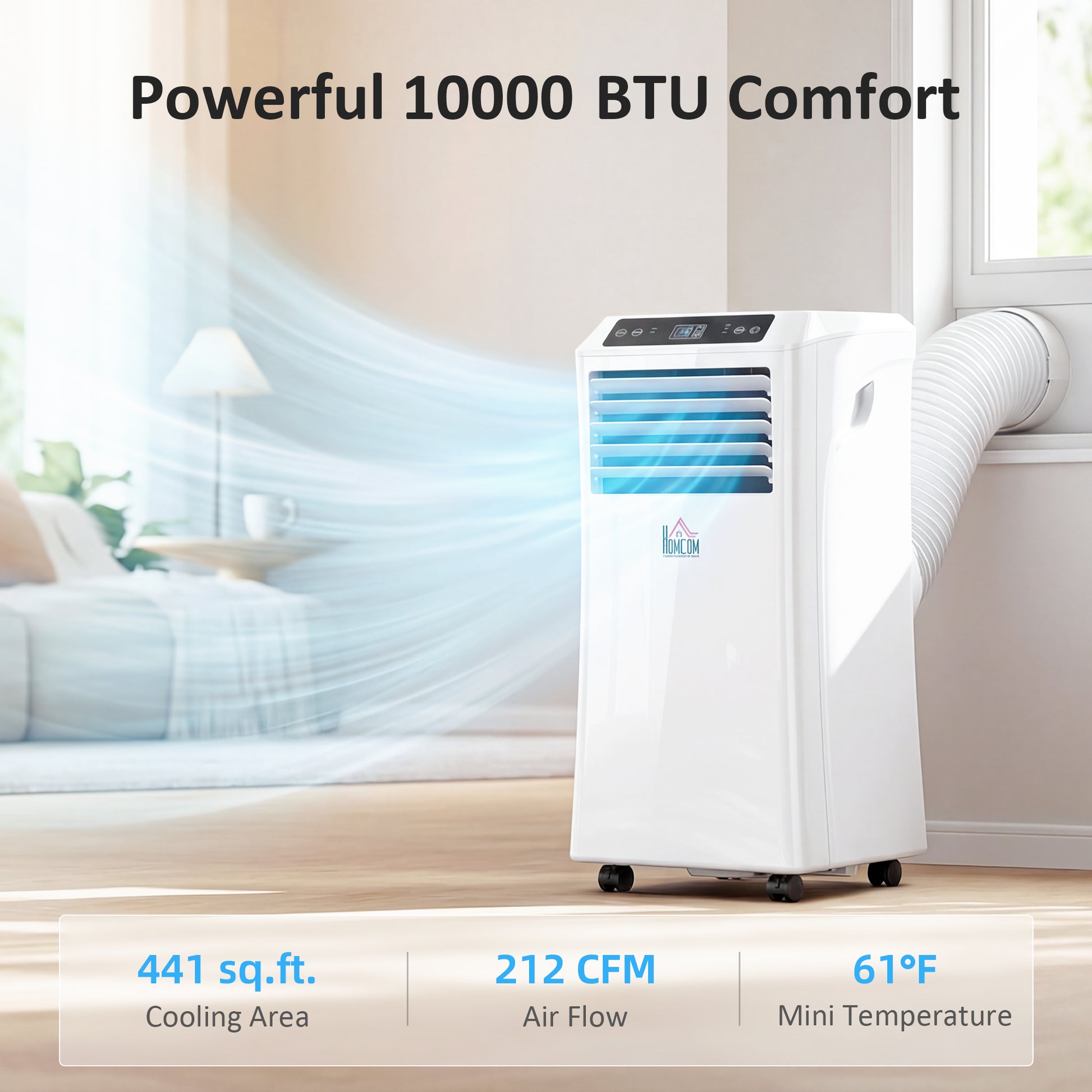 10,000BTU Mobile Portable Air Conditioner with Cooling, Dehumidifier, 2 Speed Fans, 24-Hour Timer for Bedroom, White