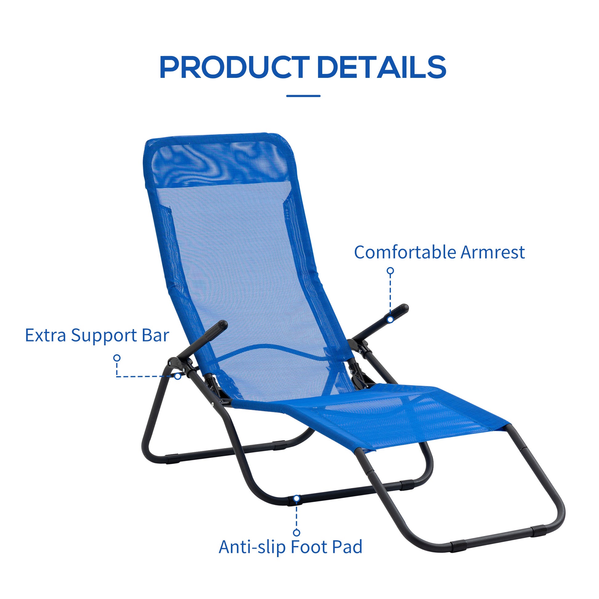 Foldable Patio Lounge Chair, Outdoor Beach Lounger with Breathable Mesh Fabric, Zero Gravity Chair with Reclining, Footrests, and Armrests, for Garden, Pool, Blue