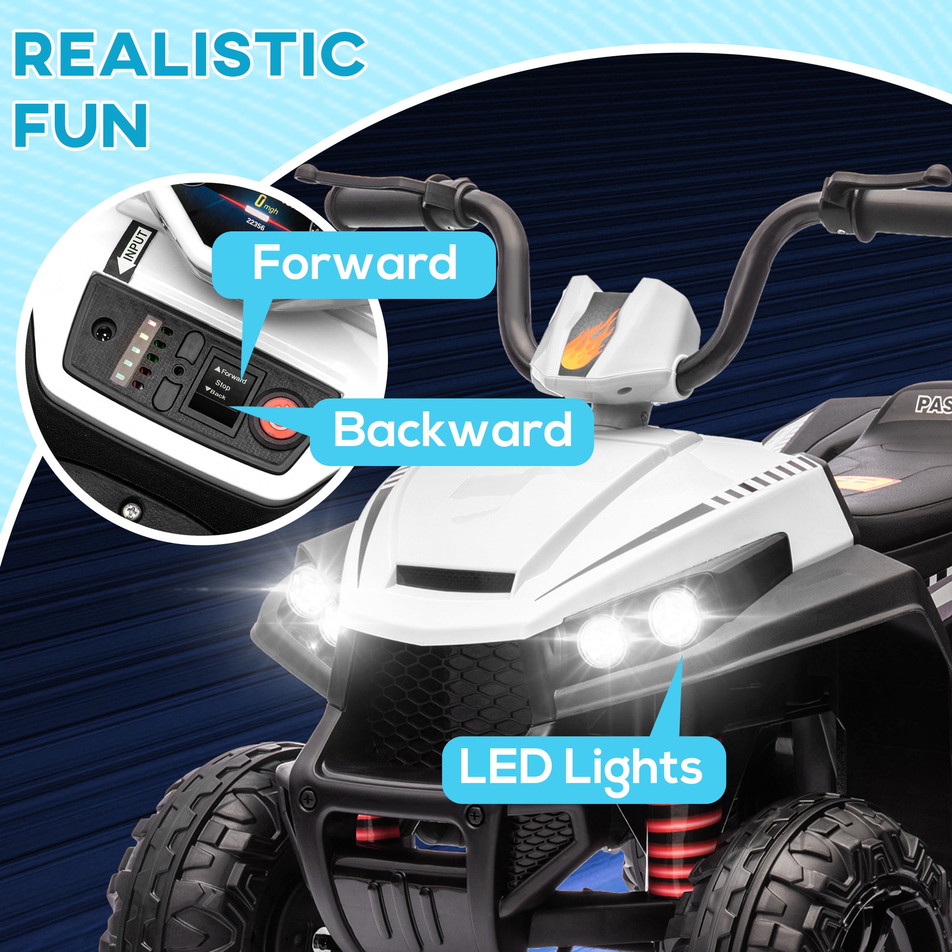 Qaba 12V Kids ATV with Four Wheels Spring Suspension, Forward & Backward, LED Light, MP3, Music, White