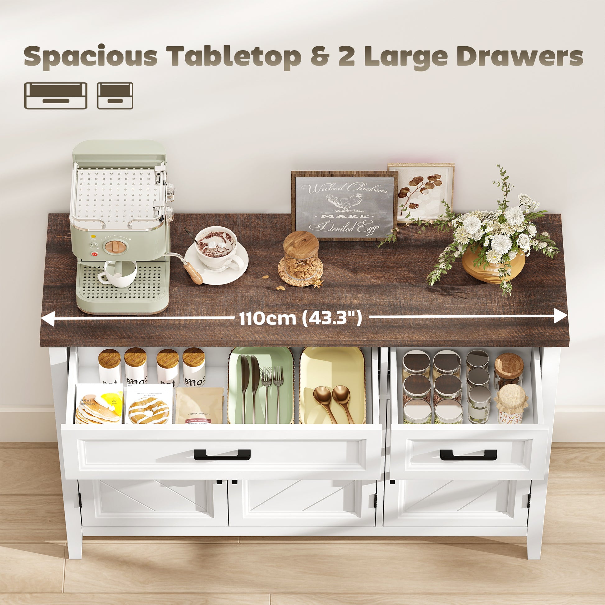 Sideboard Buffet Cabinet, 44" Farmhouse Kitchen Cabinet with 3 Chevron Doors, 2 Drawers and 2 Adjustable Shelves, White