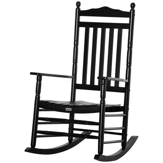 Wooden Outdoor Rocking Chair, Patio Rocking Chair with Slatted High Back and Armrests for Porch, Garden, Lawn, Black