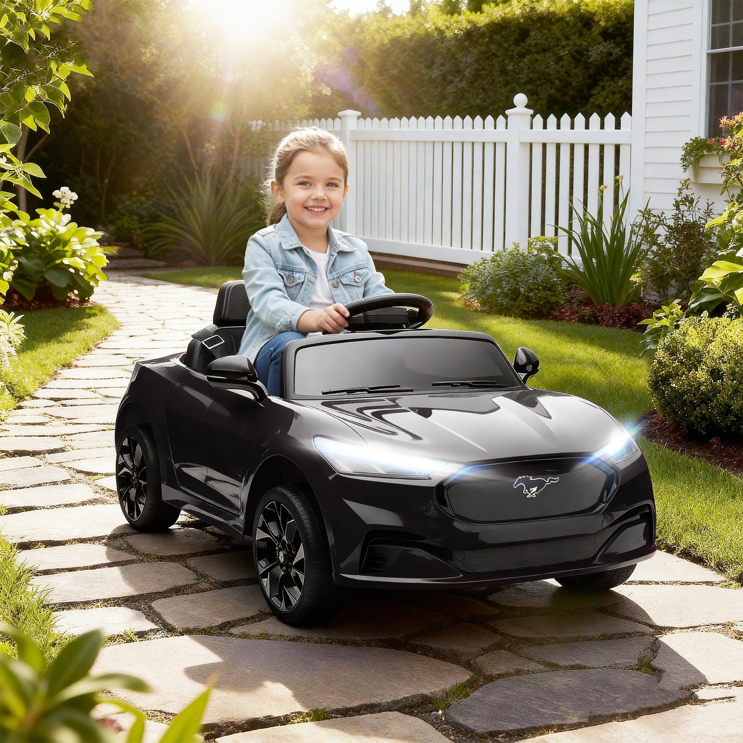 Qaba Ride On Car for Kids, Licensed Ford Mustang Mach-E 12V Electric Car with Remote Control, LED Light, Music, Black