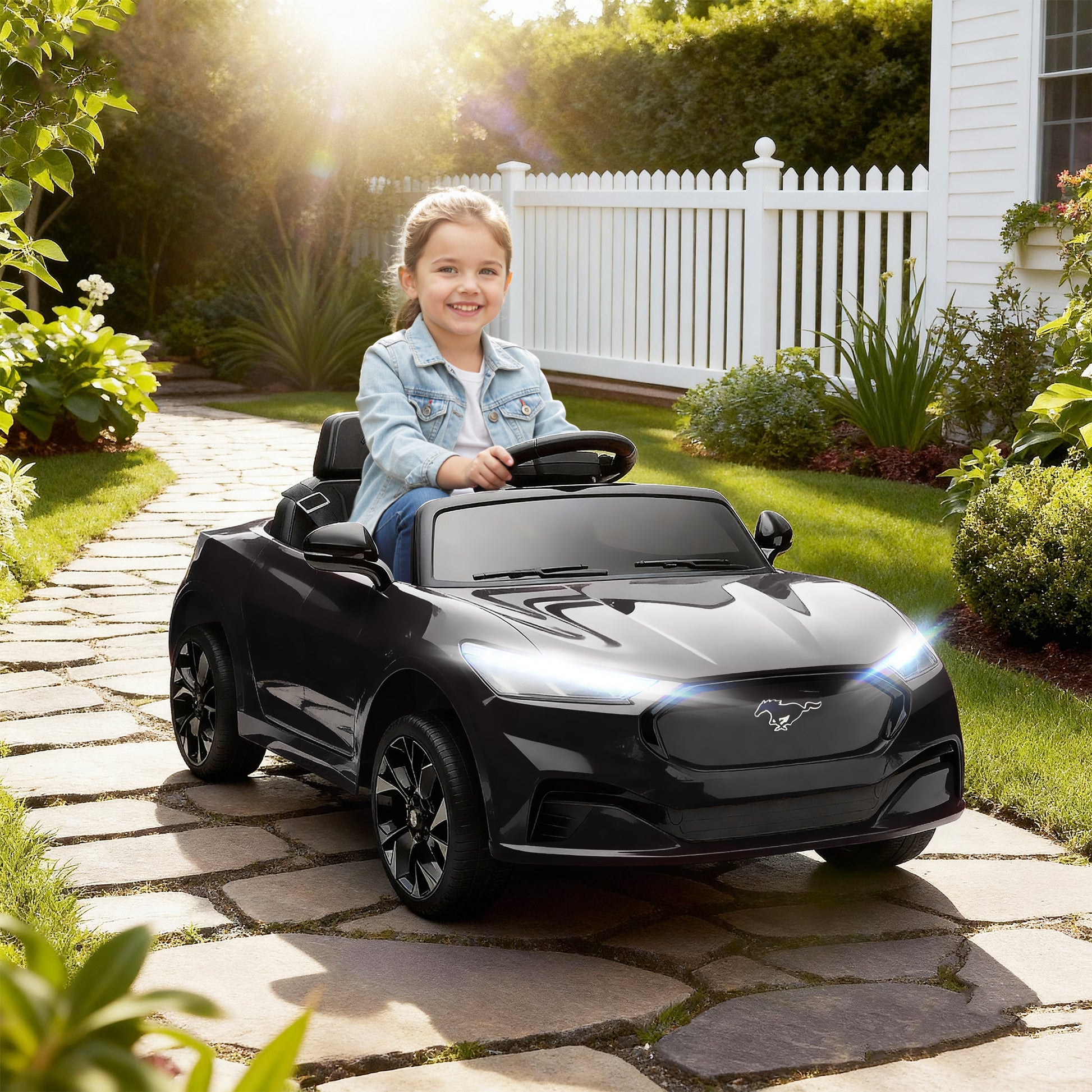 Qaba Ride On Car for Kids, Licensed Ford Mustang Mach-E 12V Electric Car with Remote Control, LED Light, Music, Black