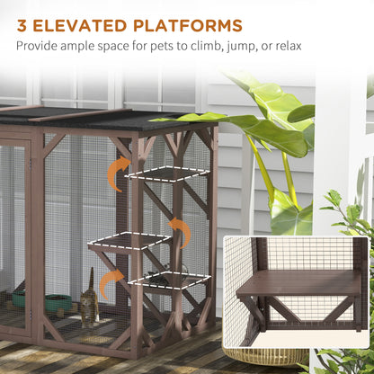 71"L Catio Outdoor Cat Enclosure, Indoor Cat Cage, Pet House, Small Animal Hutch for 1-2 Rabbit, Kitten, Kitty Crate Kennel w/ Waterproof Roof, Multi-Level Platforms, Brown