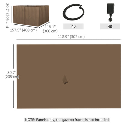 Gazebo Curtains, 10' x 10' Universal Replacement Privacy Curtain, 4-Panels Sidewall with Hooks/C-Rings, Brown