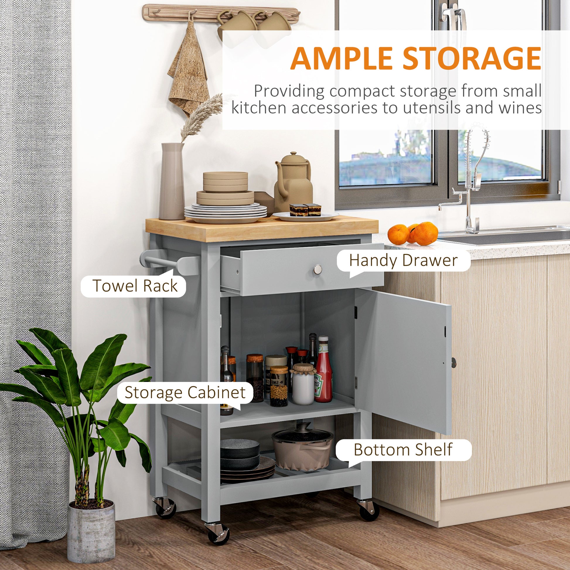 Kitchen Cart on Wheels, Rolling Kitchen Island Cart with Wood Top, Towel Rack, Drawer and Shelf for Dining Area, Grey