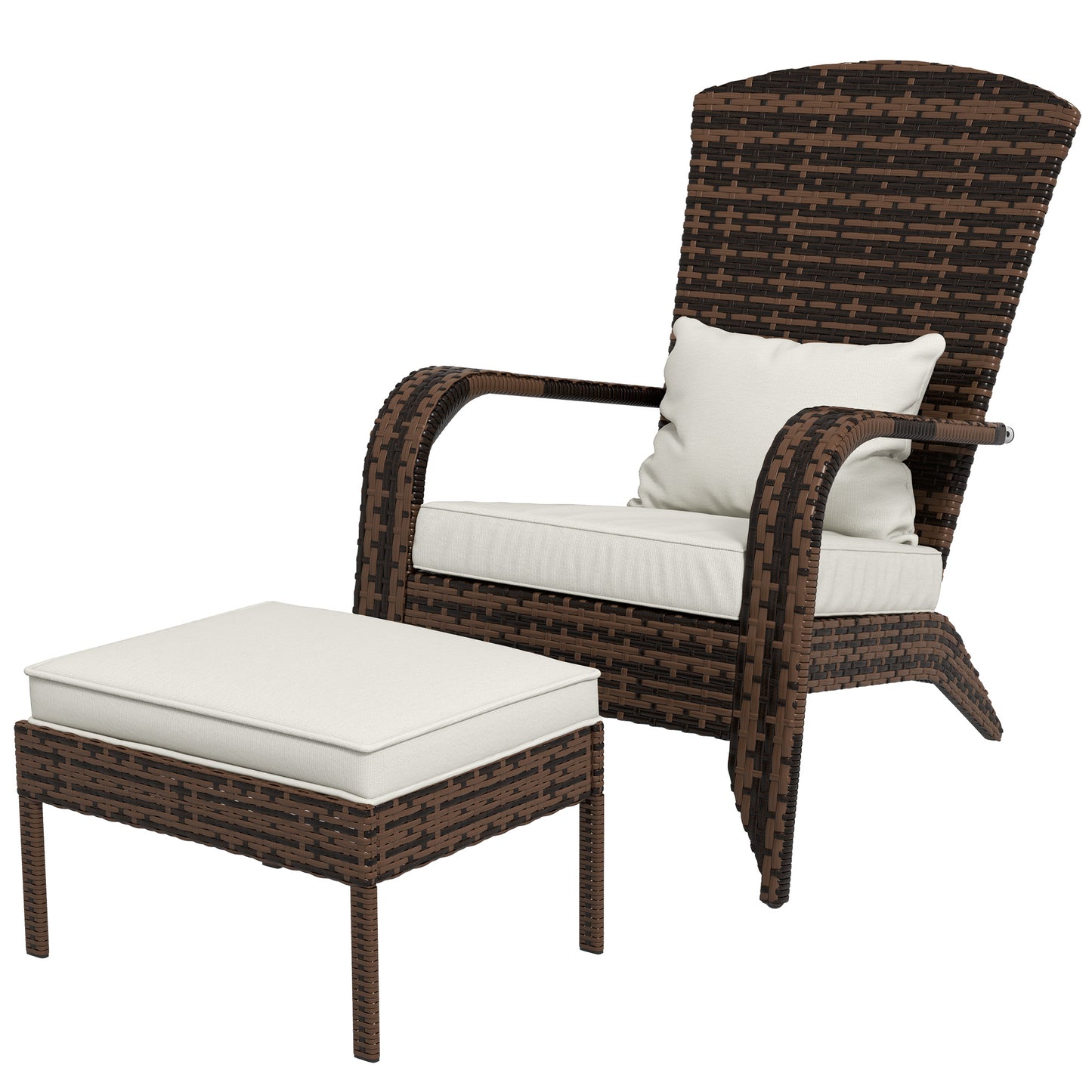 Wicker Adirondack Chair with Ottoman, Patio Cushioned Muskoka Chair with Armrests Brown/Cream White