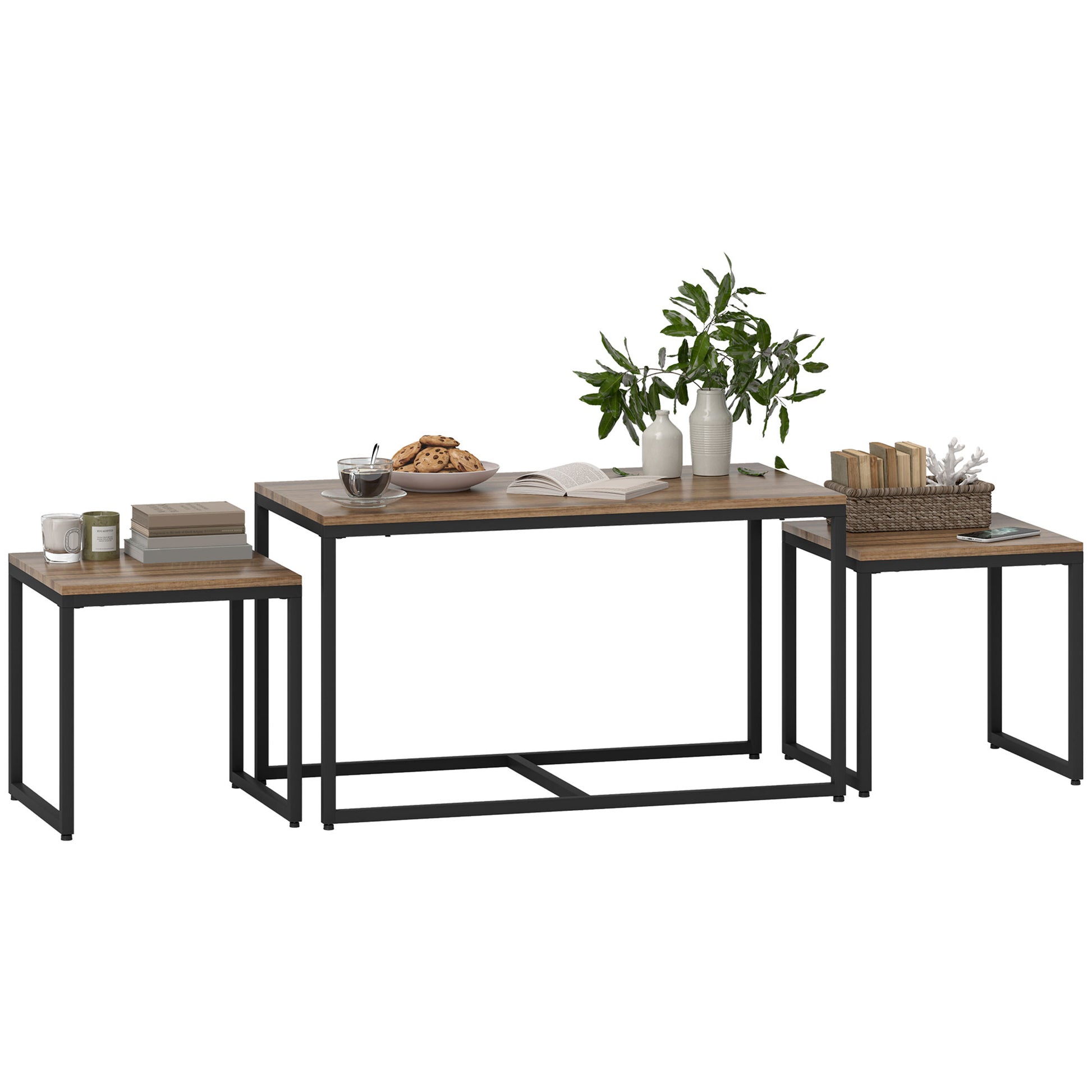 Nesting Coffee Table Set of 3, Modern End Tables with Black Metal Frame for Living Room Home Furniture, Brown