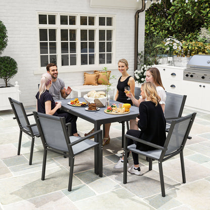 7 Piece Outdoor Dining Set with Rectangular Table and 6 Stackable Chairs, for Backyard, Lawn, Deck, Balcony, Pool Side