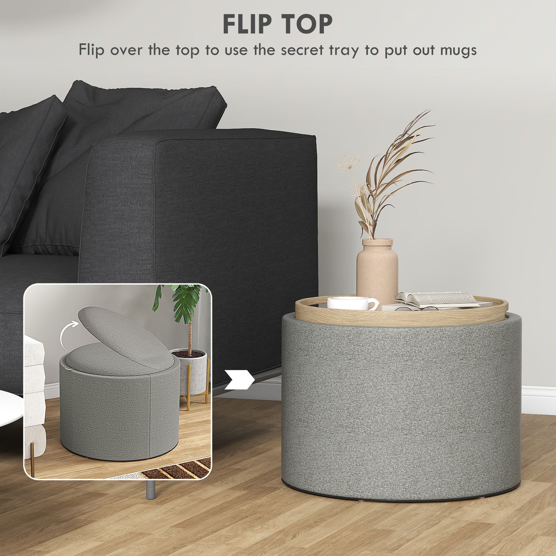 Round Coffee Table, End Table with Hidden Storage and Tray Top, Linen Upholstered Footrest for Living Room