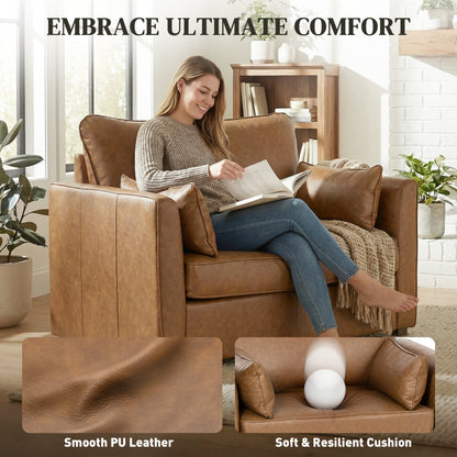 Accent Chair, PU Leather Armchair with Wide Seat, Spring Cushion, Rubberwood legs, 2 Pillows, Brown