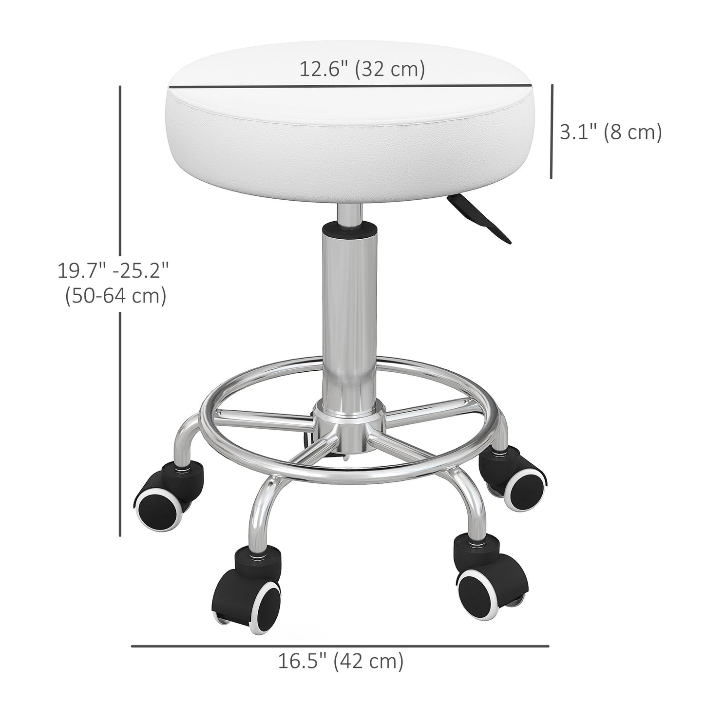 Salon Stool with Adjustable Height, PU Leather Barber Rolling Massage Tattoo Chair for Bar Beauty SPA, White