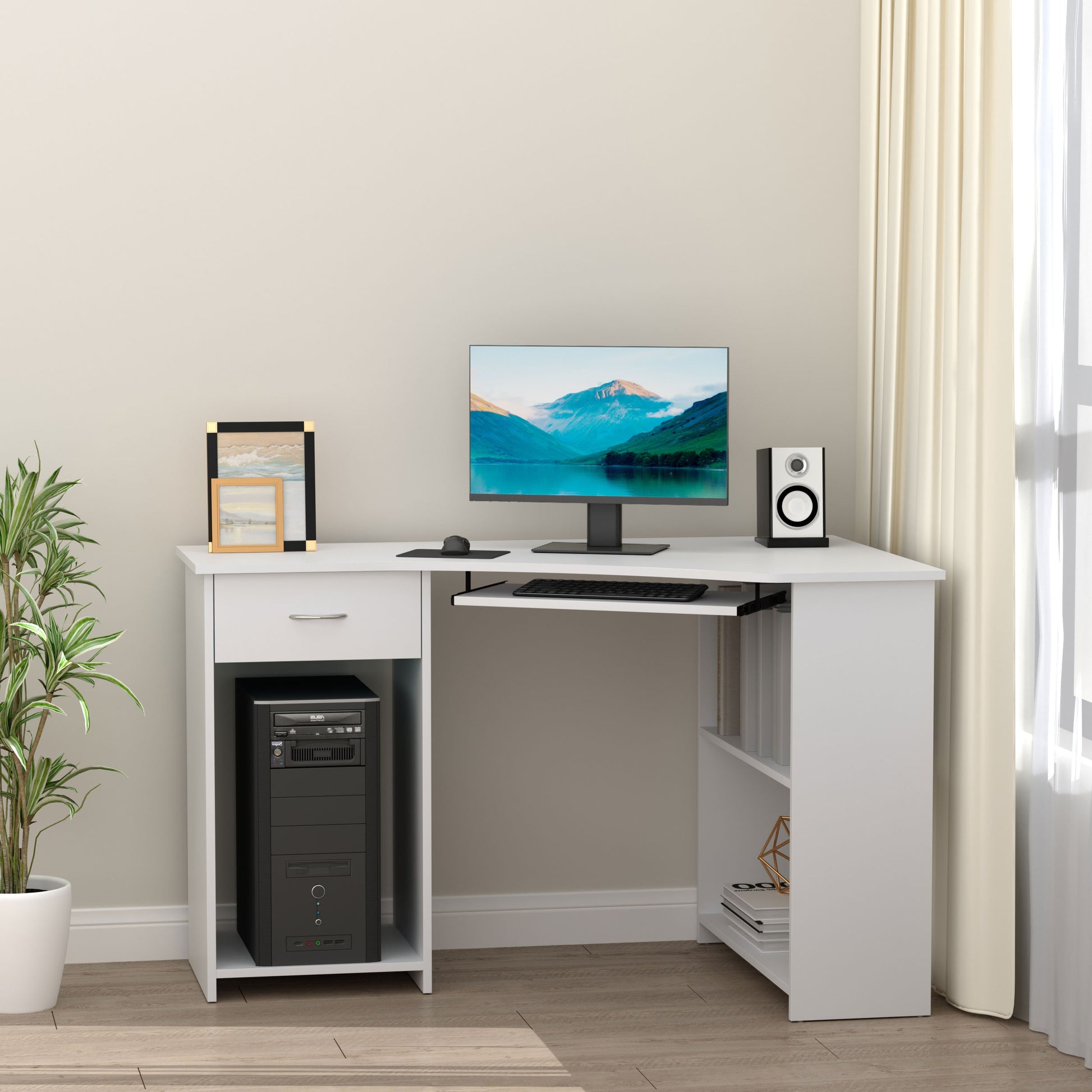47" L-Shaped Desk with Keyboard Tray, Computer Corner Desk for Small Space with Shelves, Drawer, CPU Stand, Home Office Writing Table, White
