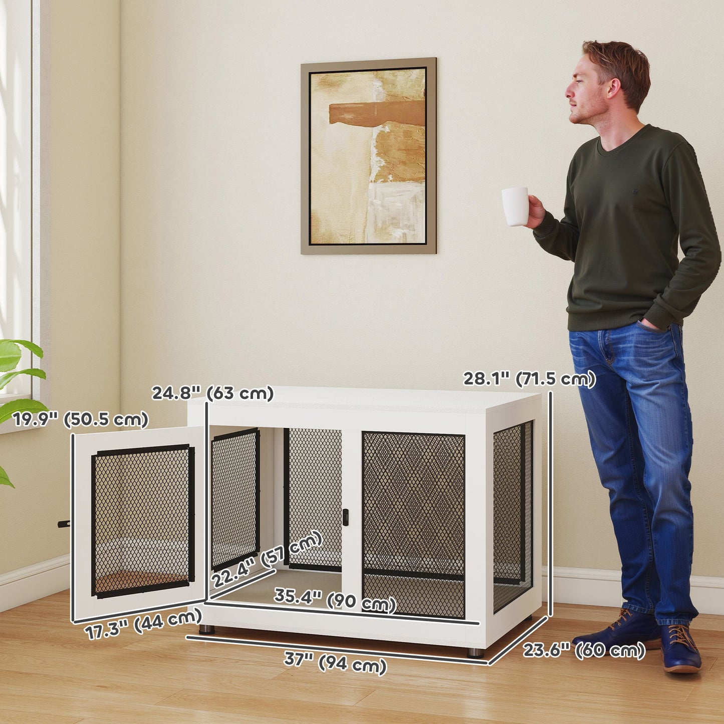Pet Crate End Table with Water-resistant Cushion or Large Medium Dogs, White