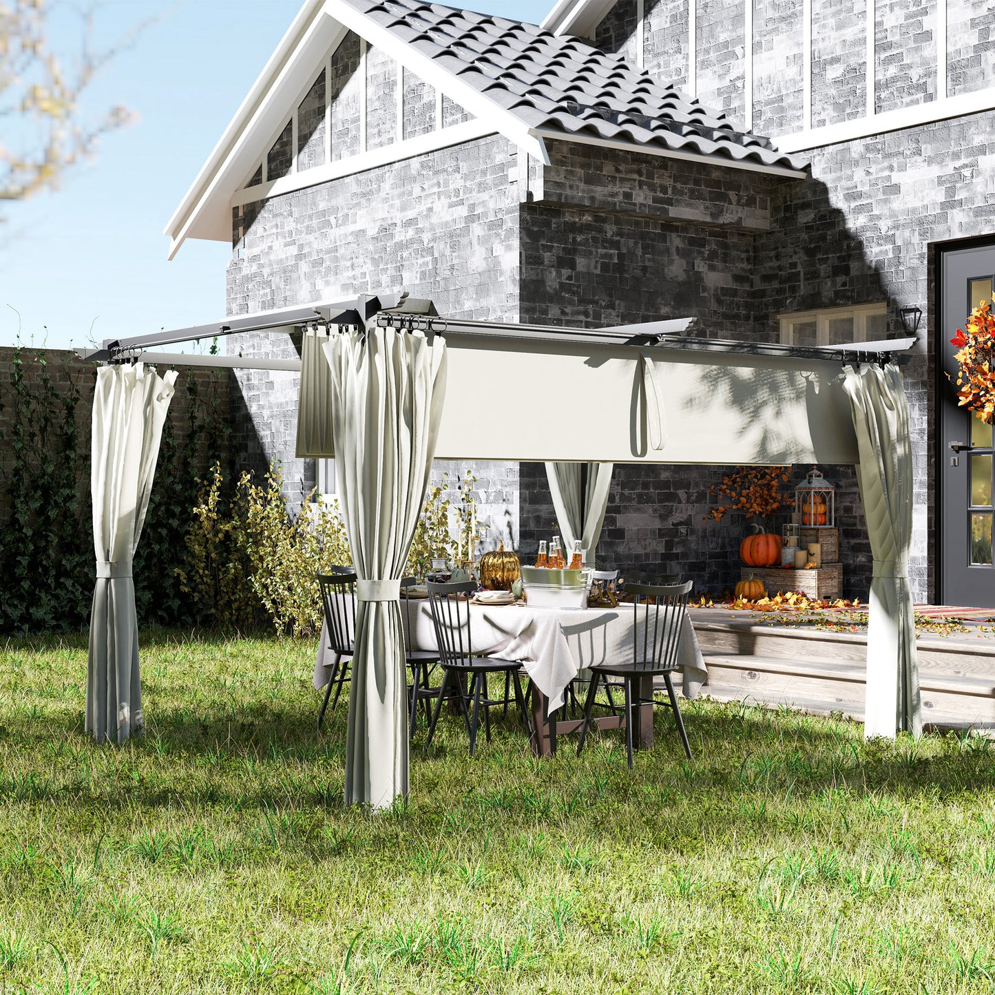 10' x 13' Pergola with Retractable Canopy and Curtains, UPF30+ Sun Shade Shelter for Grill, Garden, Backyard, Deck