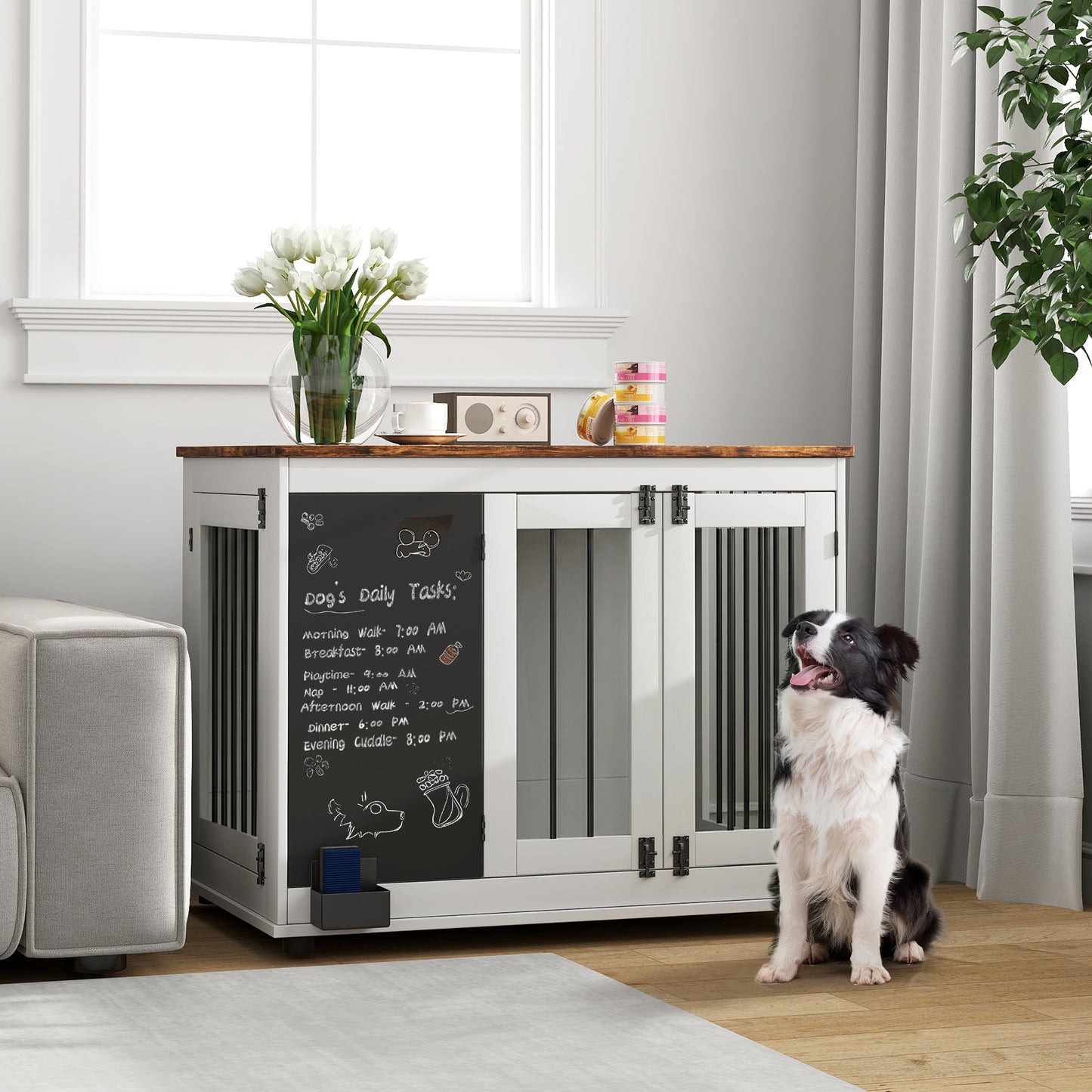39" Dog Crate Furniture Side End Table for Large Dogs w/ Blackboard, Three Doors, White
