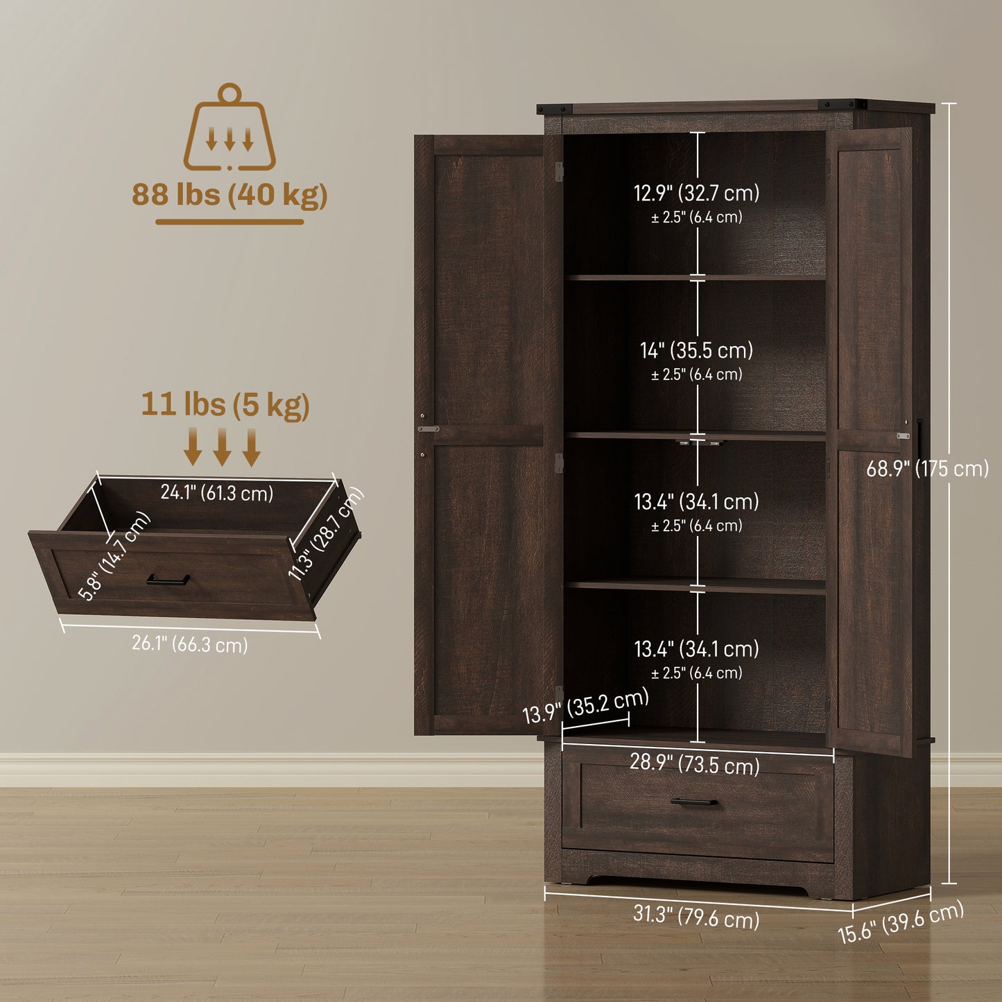 69" Tall Farmhouse Kitchen Pantry Cabinet with 2 Doors, Drawer and Adjustable Shelves, Dark Brown