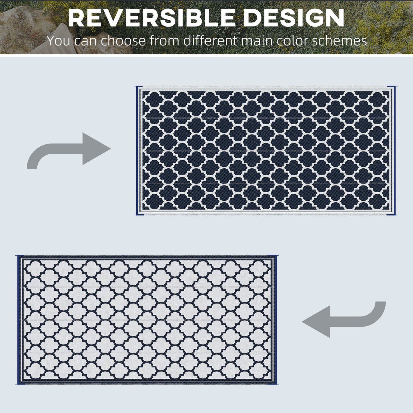 Reversible Outdoor RV Rug, 9' x 18' Patio Floor Mat, Plastic Straw Rug, Dark Blue and White