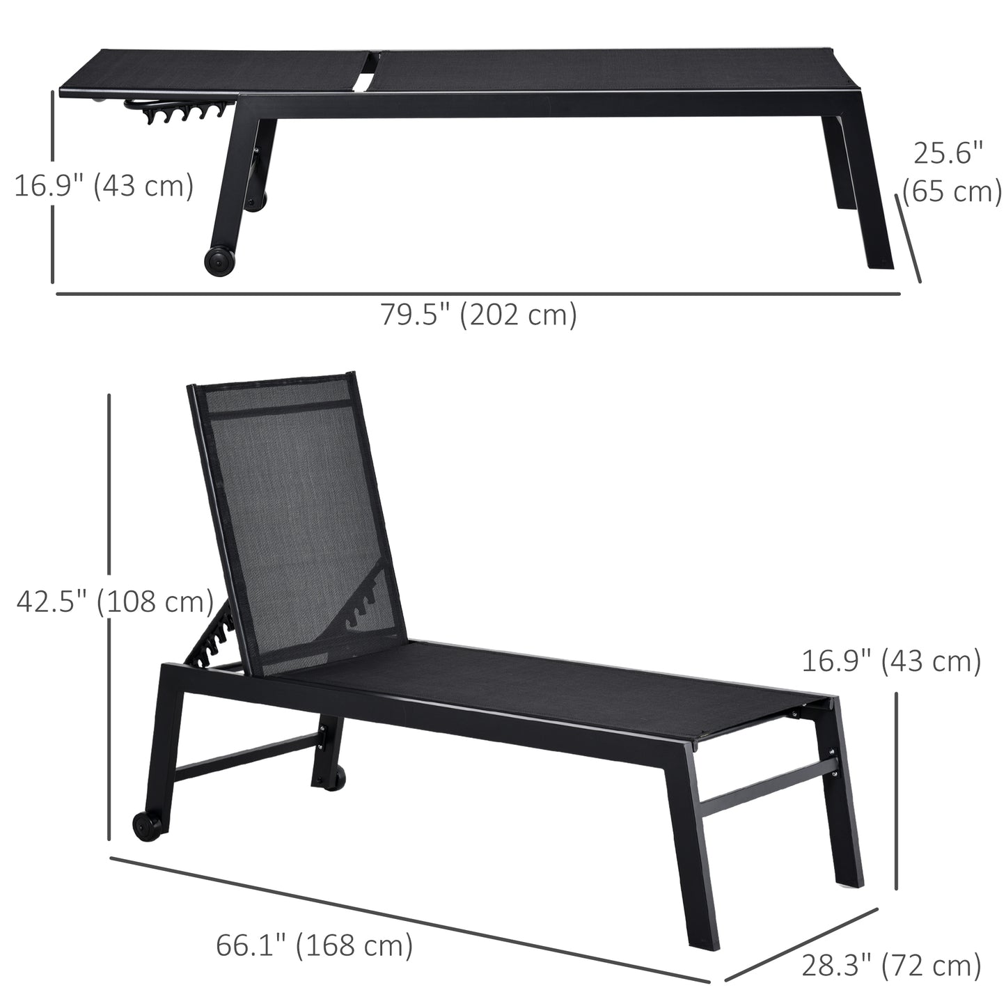 Outdoor Lounge Chair, Patio Lounger with 5-Position Reclining Backrest and 2 Wheels for Poolside, Beach, Lawn, Black