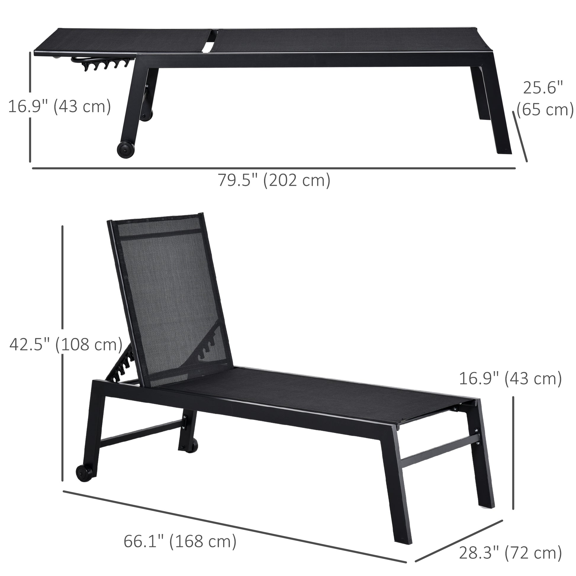 Outdoor Lounge Chair, Patio Lounger with 5-Position Reclining Backrest and 2 Wheels for Poolside, Beach, Lawn, Black