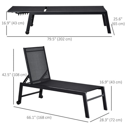 Outdoor Lounge Chair, Patio Lounger with 5-Position Reclining Backrest and 2 Wheels for Poolside, Beach, Lawn, Black