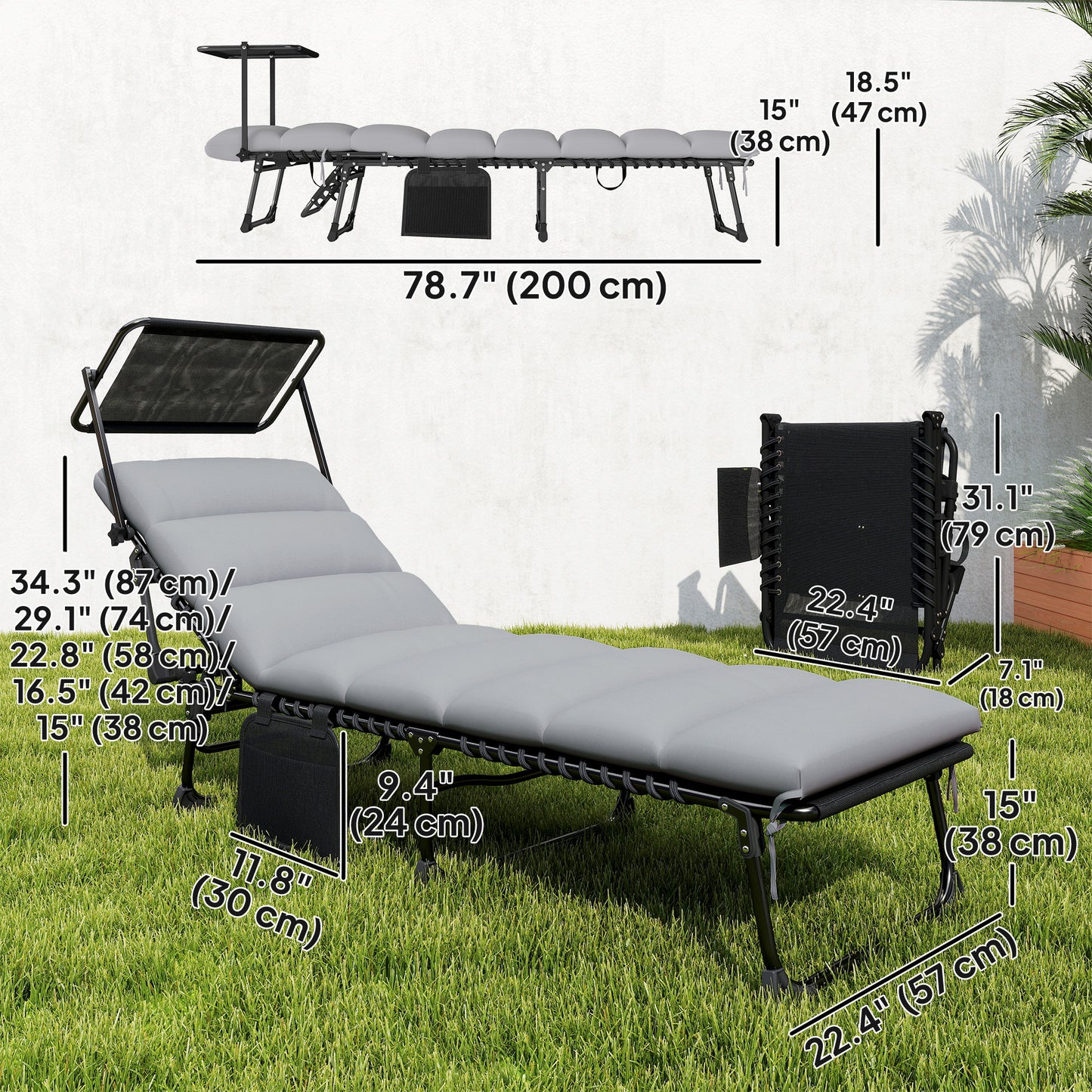 Outdoor Chaise Lounge Chairs, 2 PCS Folding Lounge Chairs with Adjustable 5-Position, Cushion, Canopy, Side Pocket