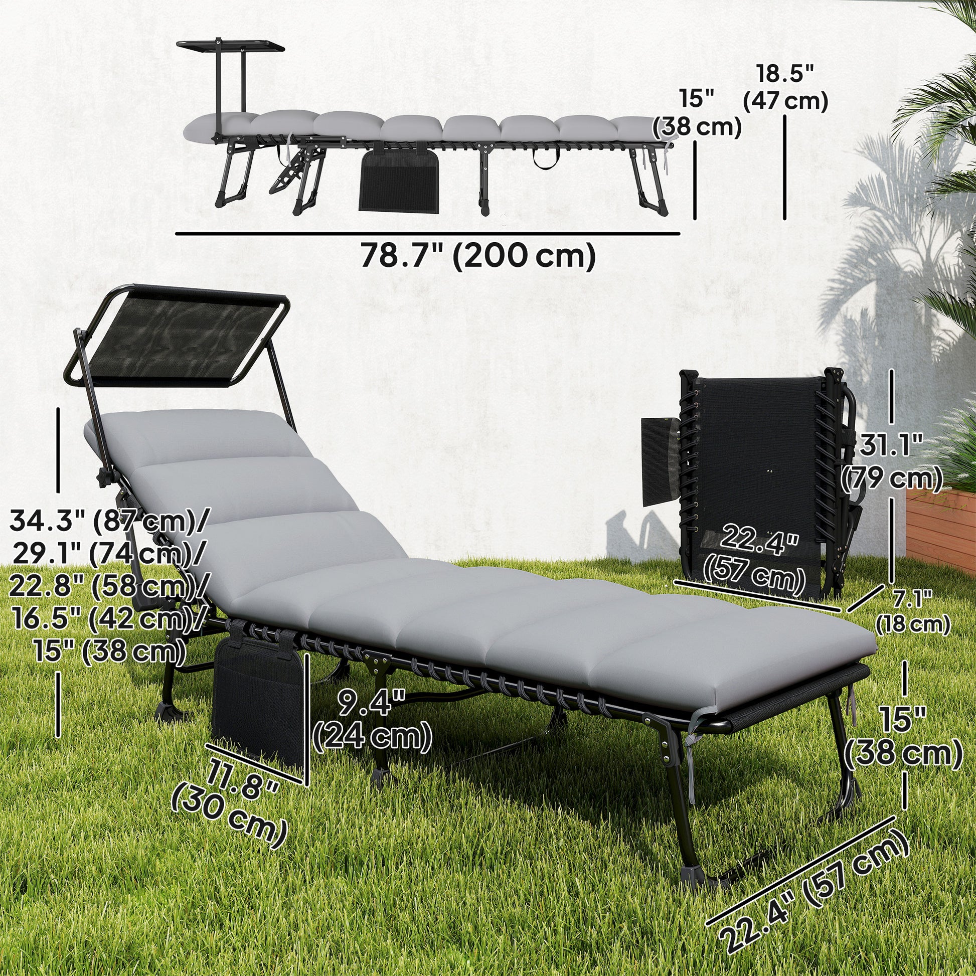 Outdoor Chaise Lounge Chairs, 2 PCS Folding Lounge Chairs with Adjustable 5-Position, Cushion, Canopy, Side Pocket