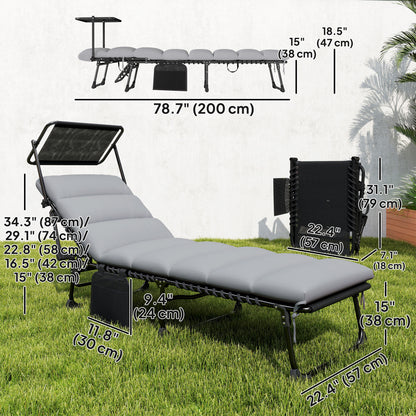 Outdoor Chaise Lounge Chairs, 2 PCS Folding Lounge Chairs with Adjustable 5-Position, Cushion, Canopy, Side Pocket