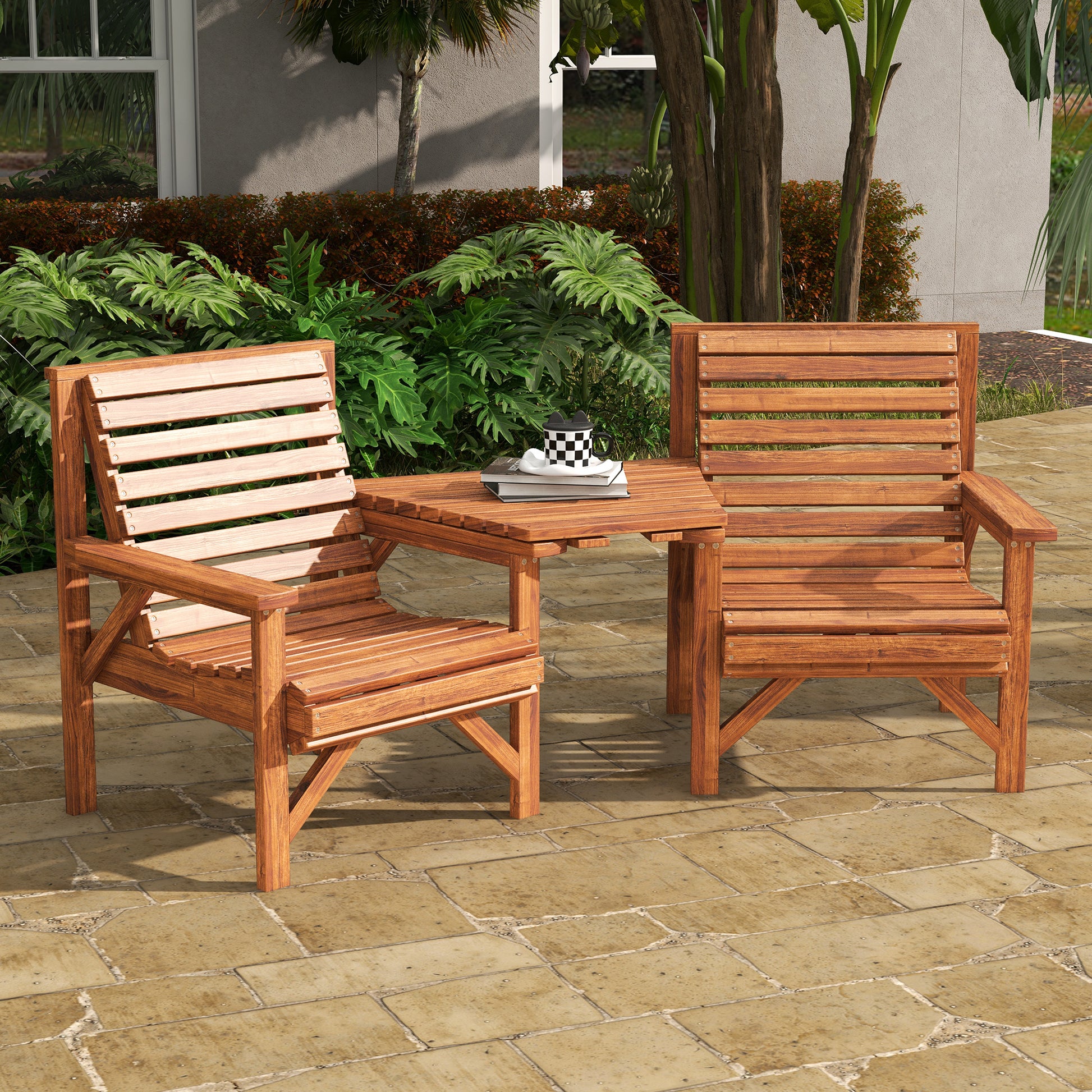 3Pcs Outdoor Bench Set for Backyard, Balcony, Tan Brown