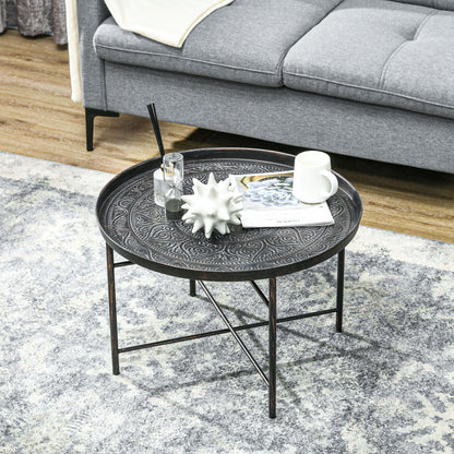 Vintage Coffee Table for Living Room, 24" Round Center Table with Hammered Tray Top and Metal Frame, Pewter