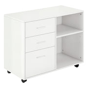 Modern Lateral Filing Cabinet, 3 Drawer File Cabinet for Letter and A4 Size Documents, Mobile, Printer Stand with Open Shelves, Rolling Wheels, White