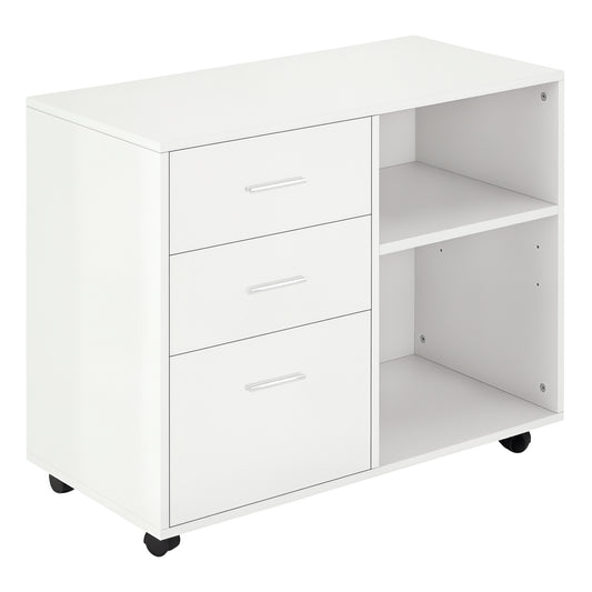 Modern Lateral Filing Cabinet, 3 Drawer File Cabinet for Letter and A4 Size Documents, Mobile, Printer Stand with Open Shelves, Rolling Wheels, White